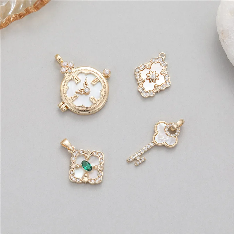 Stylish Chic Hypoallergenic Key Four-leaf Clover Clock 14K Gold Plated Bracelet Pendant Handmade DIY Jewelry Accessories 2