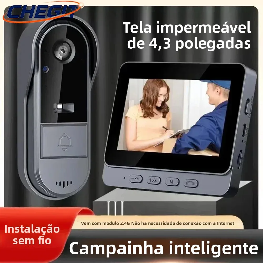 Campainha wi-fi sem fio à prova d'água, câmera 1080p, vídeo porteiro, tela ips de 4,3 polegadas, campainha de segurança doméstica, visão noturna ir