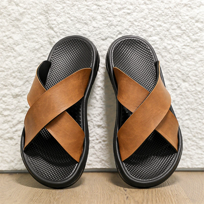 New Men Women Leather Slippers Non-slip Comfortable Summer Large Size Sandals  X-shape Soft Sole Flat Outdoor Beach Casual Clogs