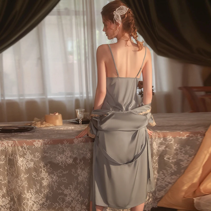 Sexy Mousse Sweet Girl Private Room Pajamas Lace Embroidered Suspender Skirt Solid Color Lace Cardigan Home Clothes Suit 2023