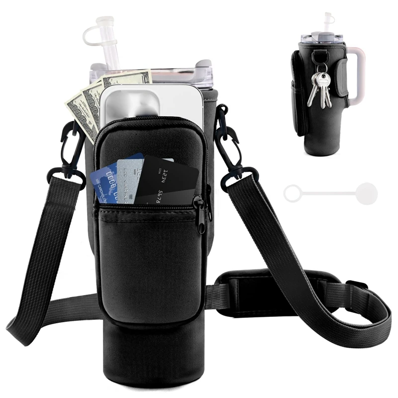 Kettle Cover Water Bottle Carrier Bag With Phone Pocket, Water Bottle Holder With Adjustable Strap & Straw Cover