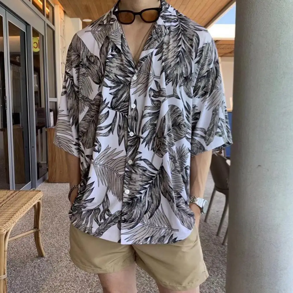 

Hawaiian Shirt Single Breasted Soft Summer Tropical Leaves Printed Hawaiian Shirt Quick Drying Beach Shirt Daily Clothing