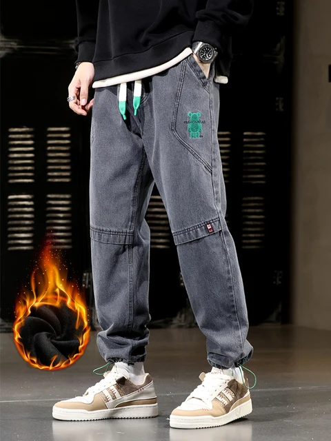 Calça jeans grossa de lã quente masculina, calças jeans largas de algodão  esticadas, jeans térmicos casuais, corredores pretos, plus size 8XL,  inverno - AliExpress