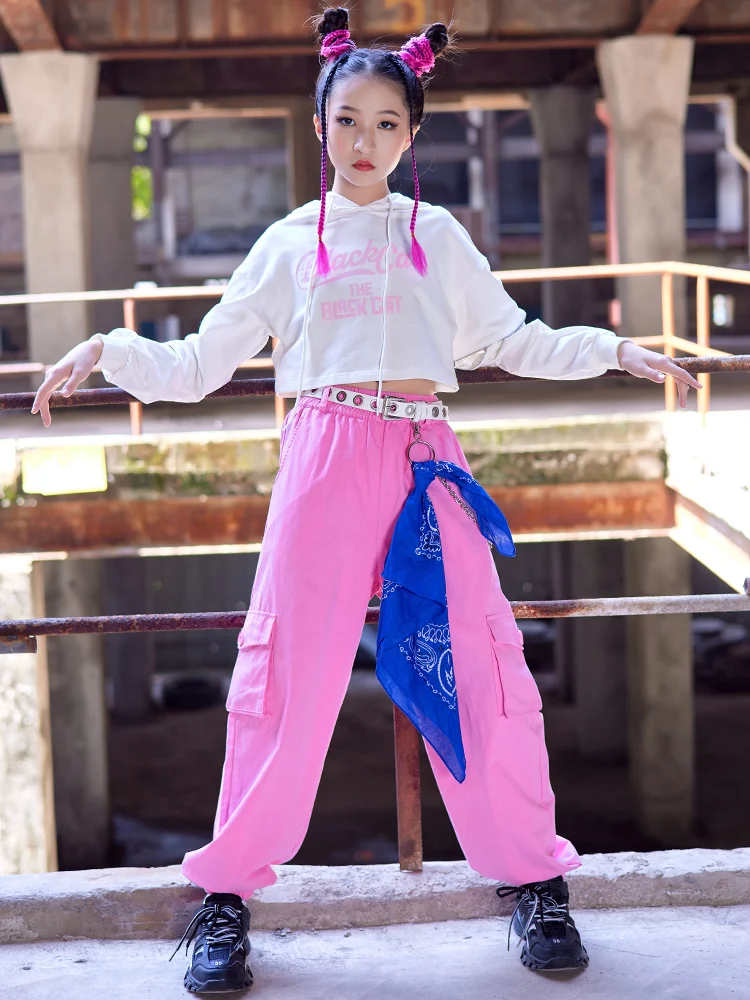 

Modern Dance Clothes Girls Hip Hop Costume White Crop Tops Pink Pants Fashion Kids Streetwear Concert Jazz Dance Outfit BL9668