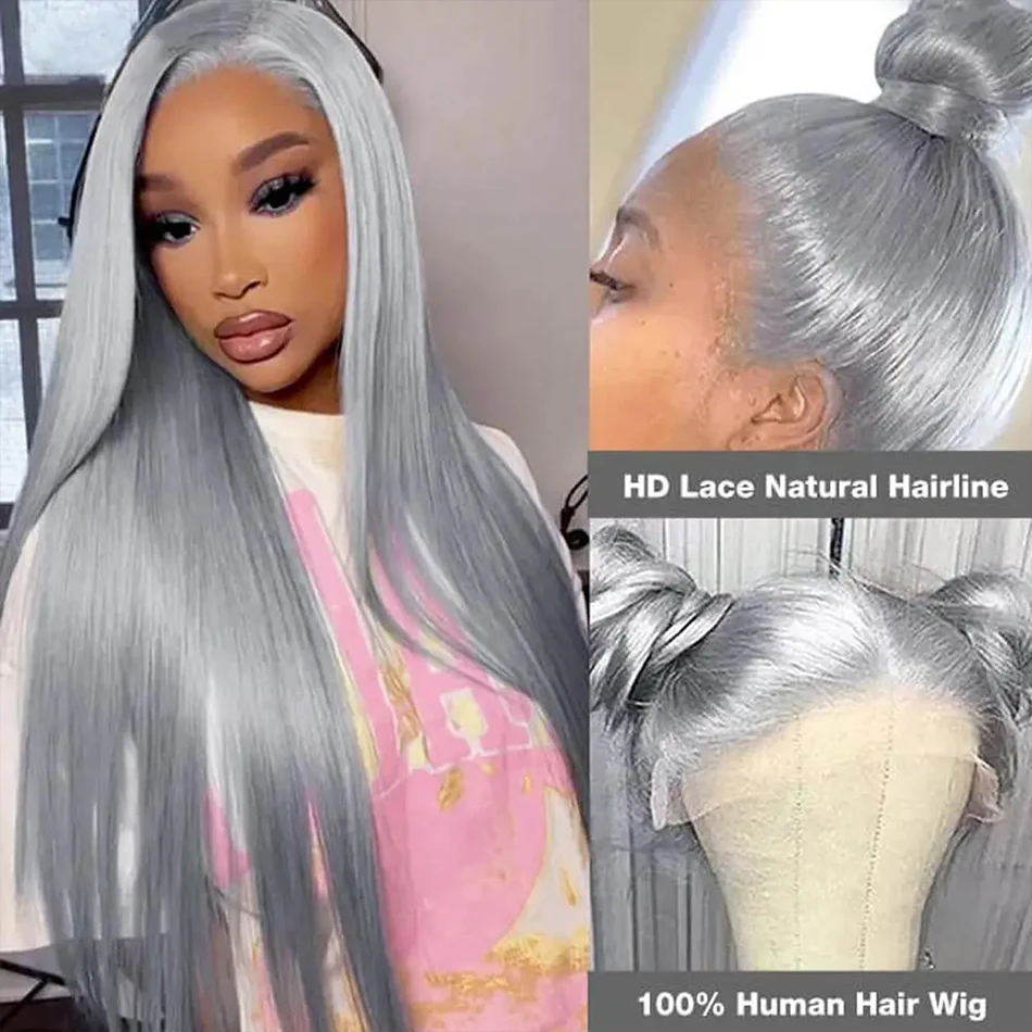 Silver Grey Straight Lace Front Wig 100% Human Hair 613 Colored HD Transparent Lace Frontal Wigs for Women Bleached Pre Plucked - Image 2