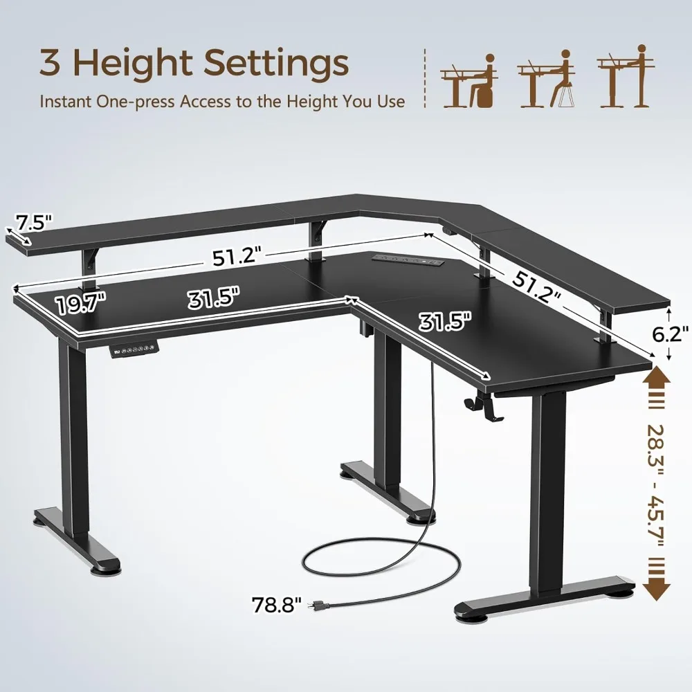Standing Desk L Shaped with LED Light and Power Outlet, Electric Height Adjustable Desk with Monitor Stand, Sit Stand Up Desk 3