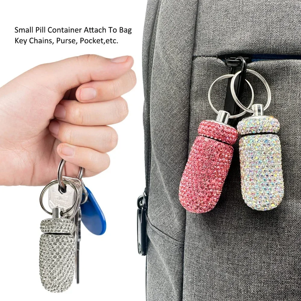 Portable Pill Cases Keychain Mini Medicine Organizer Storage Bottle Full Rhinestone Aluminum Alloy Pill Storage Containers