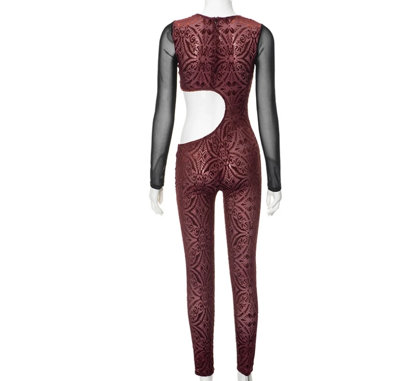 Jumpsuit Women 2024 Spring Fashion Flocking Mesh Patchwork Sexy Waist Hollow Long Sleeved U-Neck Skinny Daily Long Jumpsuit