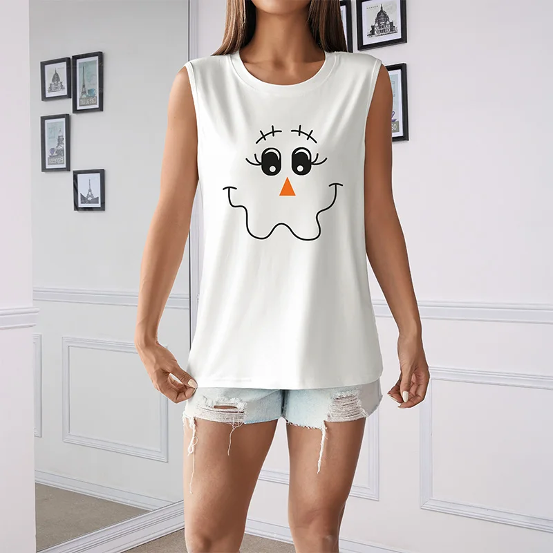 

Women's T-shirt Cartoon Smiling Face Kawaii Vest Halloween Printed T-shirt Short Sleeved Harajuku Pattern Top Street Clothing