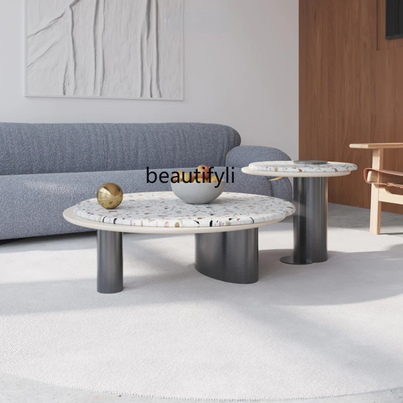 

yj Modern Light Luxury Terrazzo Coffee Table Combination Simple Size round Creative Tea Table Bench