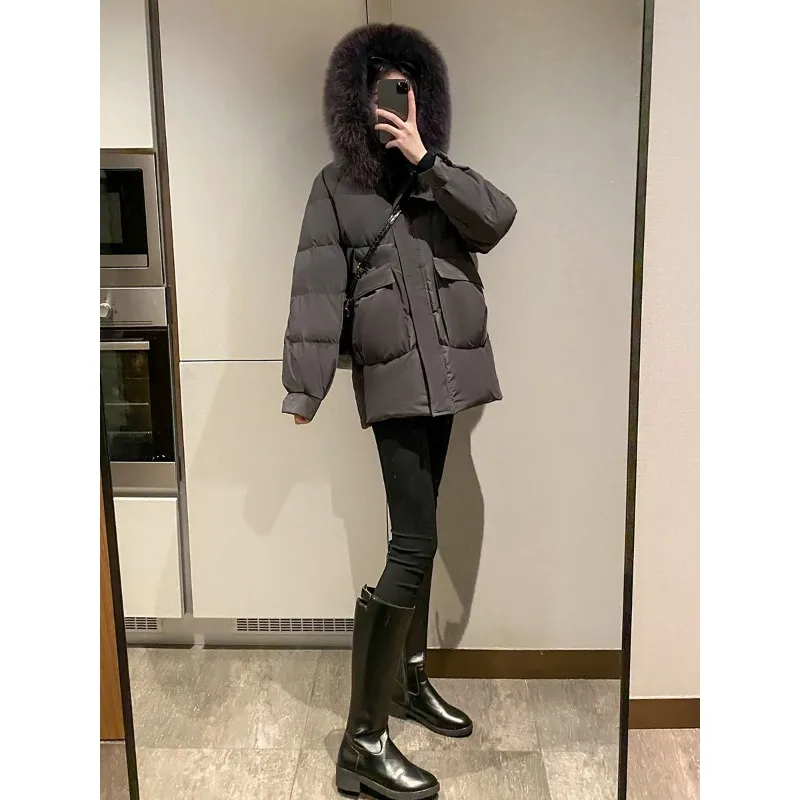 2023 New Women Down Jacket Winter Coat Female Warm Thick Parkas Fashion Short Size Outwear Artificial Fur Collar Hooded Overcoat
