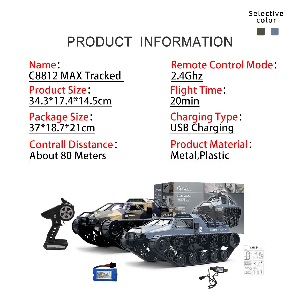 JJRC C8812 풀 스케일 트랙 탱크 시뮬레이션 모델 장난감 LED 라이트 RC 자동차 모델 드리프트 원격 제어 오프로드 차량 소년 선물