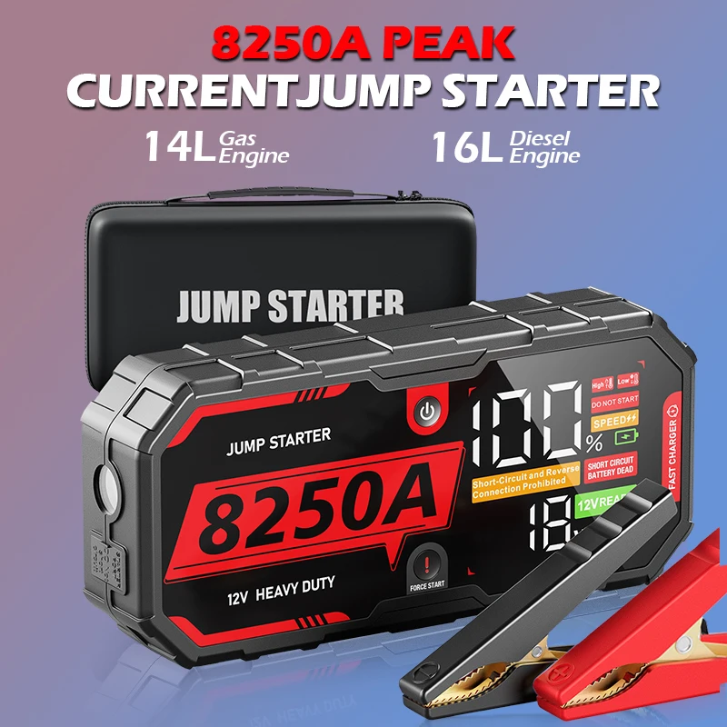 8250A Car Battery Jump Starter 12V Pro Portable Booster PD65w 26000mAh Battery Car 13L For Emergency Car Booster Starting Device