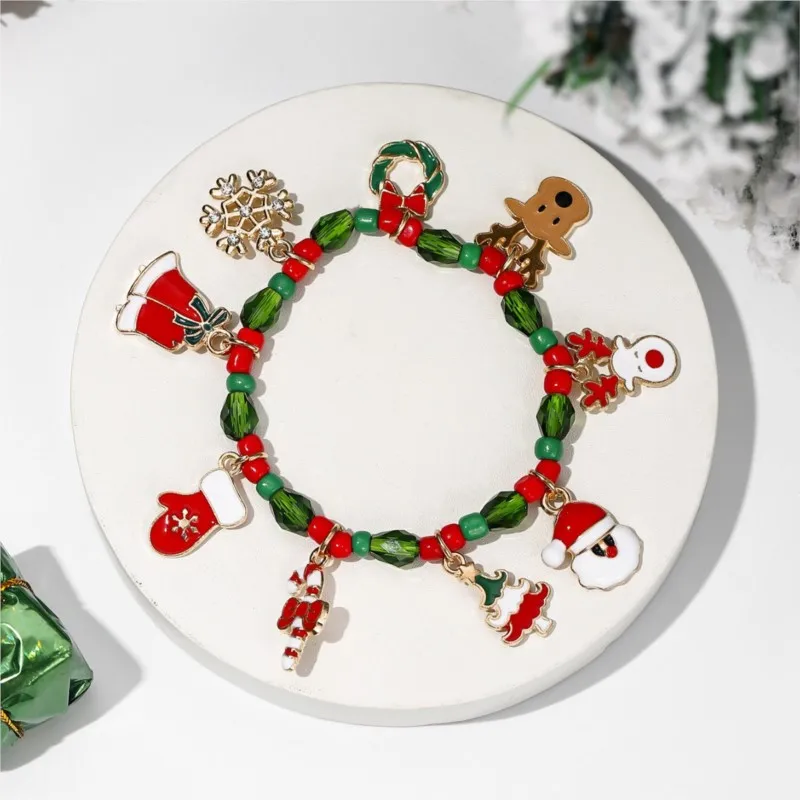 Christmas Elk Santa Claus Snowflake Pendant Bracelet for Women Christmas Days Celebration Beads Chain Party Jewelry Gifts