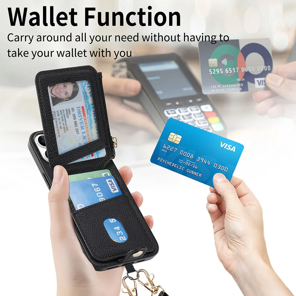 Leather Zipper Wallet Phone Case with Card Holder and Lanyard
