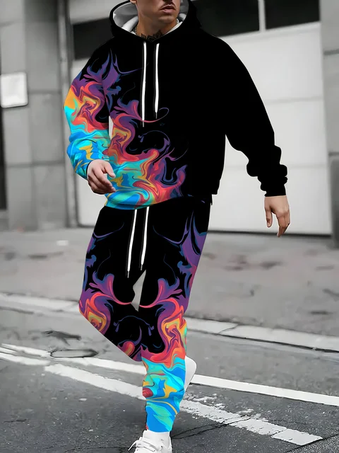 Abstrait couleur bloc 3D sweat à capuche imprimé costume hommes sweats à capuche pantalons de survêtement mode deux pièces survêtement ensemble homme vêtements 1