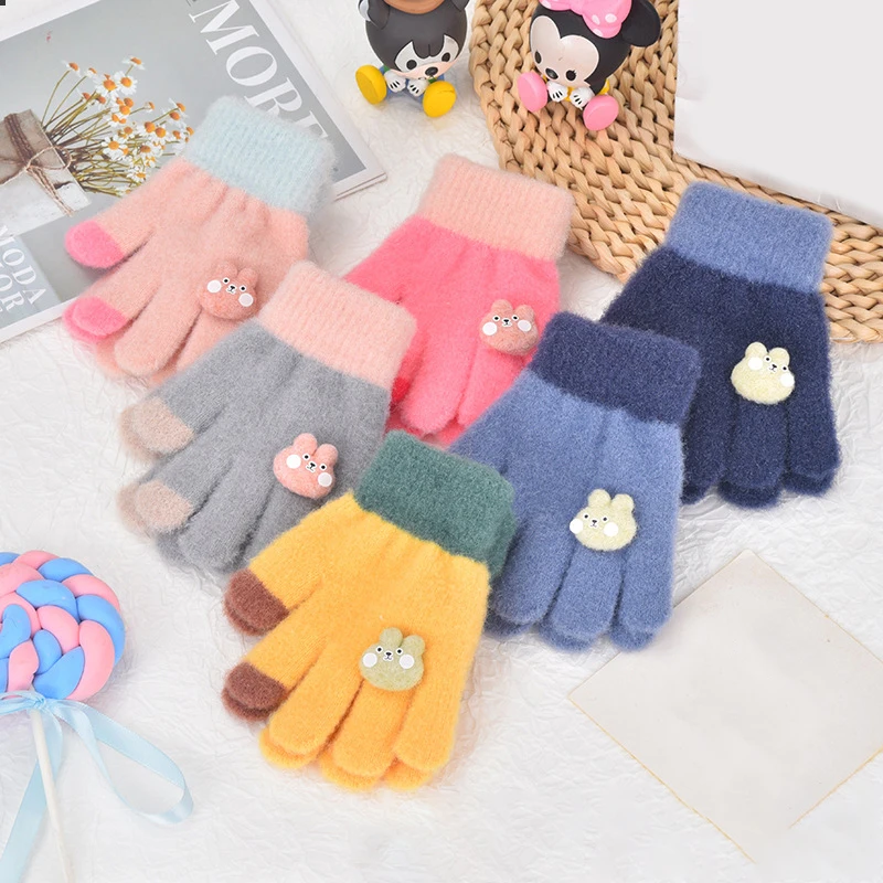 Autumn And Winter Baby Cute Rabbit Color Matching Five-finger Gloves Children's Cute Outdoor Warm Gloves Children's Mittens
