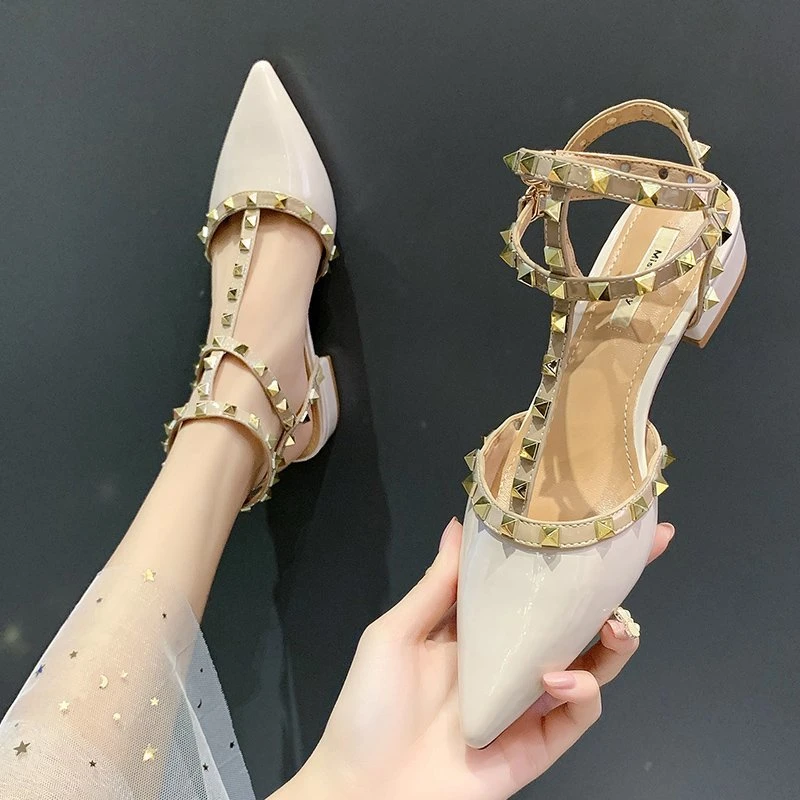 Fashion Shoes for Women Slingbacks Buckle Female Sandals Spring Pointed Toe Rivet Shallow Sexy Dress Party Low Heels Shoes