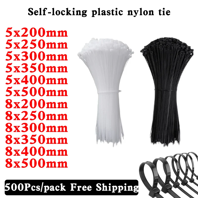 Self-locking plastic nylon tie 500PCS/bag black Zip wraps strap nylon cable tie set fastening ring Loop Wire Wrap