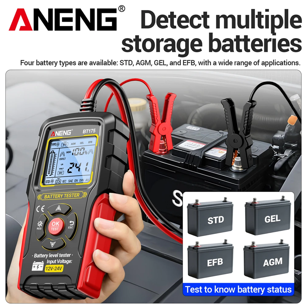 ANENG BT175 다기능 자동차 배터리 테스터 8V-36V CCA 50-1999 내부 저항 전압 수명 테스터