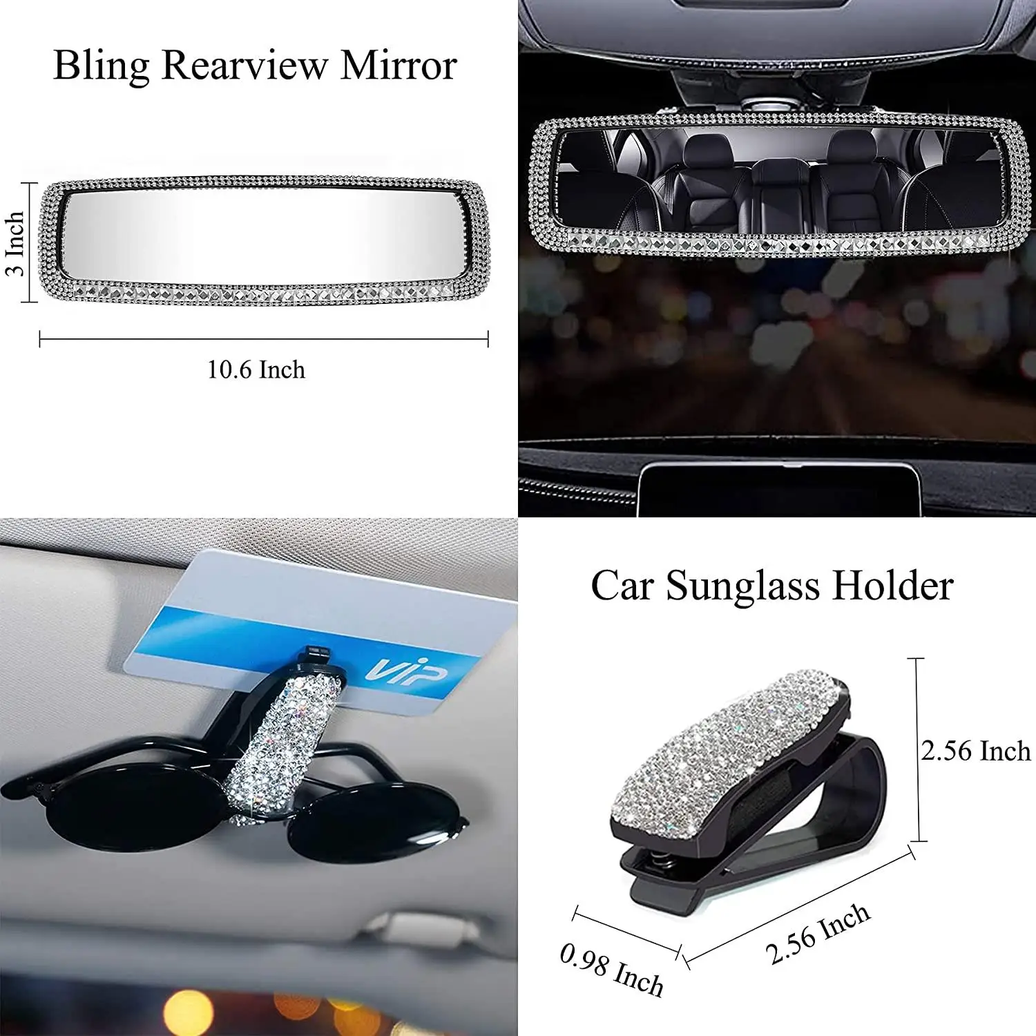 3PCS Bling Car Rearview Mirror Cover Crystal Diamond Decoration And Rhinestone Sunglasses Holder Clip Interior Accessories