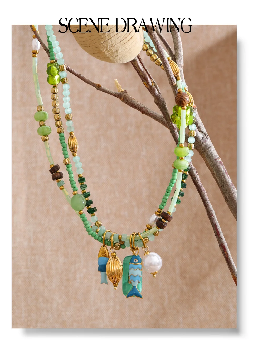 Yhpup Edelstahl Handgefertigte Halskette Grüner Kristall Harz Mehrschichtige Kette Fisch-Anhänger Frühling Sommer Böhmischer Schmuck Wasserfest – Detail 6