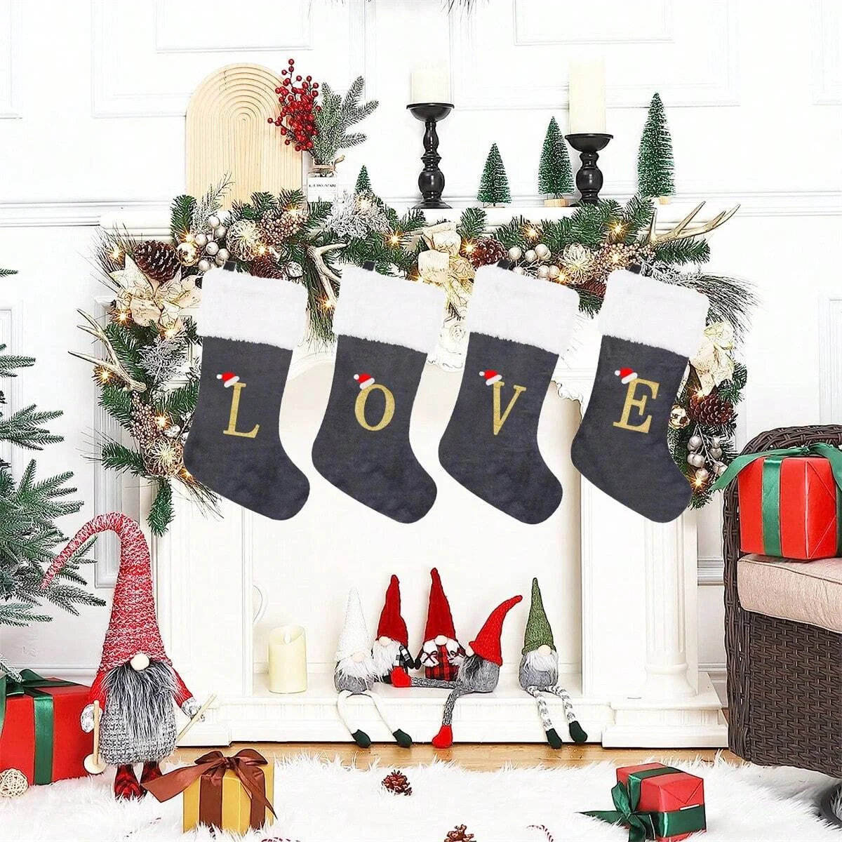 20 Inches Knit Monogram Christmas Stockings，Christmas Stockings Large Monogram Xmas English Letters Hanging Stockings