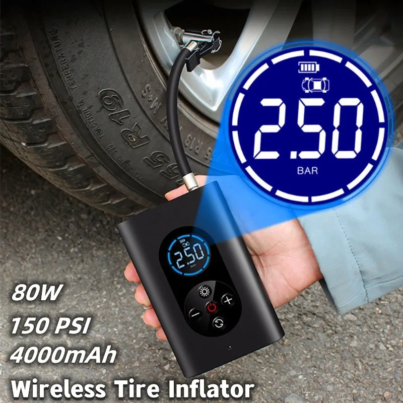 

4000mAh 150PSI Portable Wireless Tire Inflator Car Air Compressor Intelligent Auto Air Pump with LED Light for Car Motorcycle