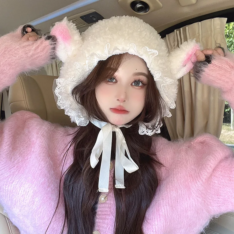 Lolita Lamb Fleece Hats Fluffy Costume Accessories Chrismas Warm Soft Lovely Lamb Beanies Bucket Hat Cute Little Sheep Ear Caps