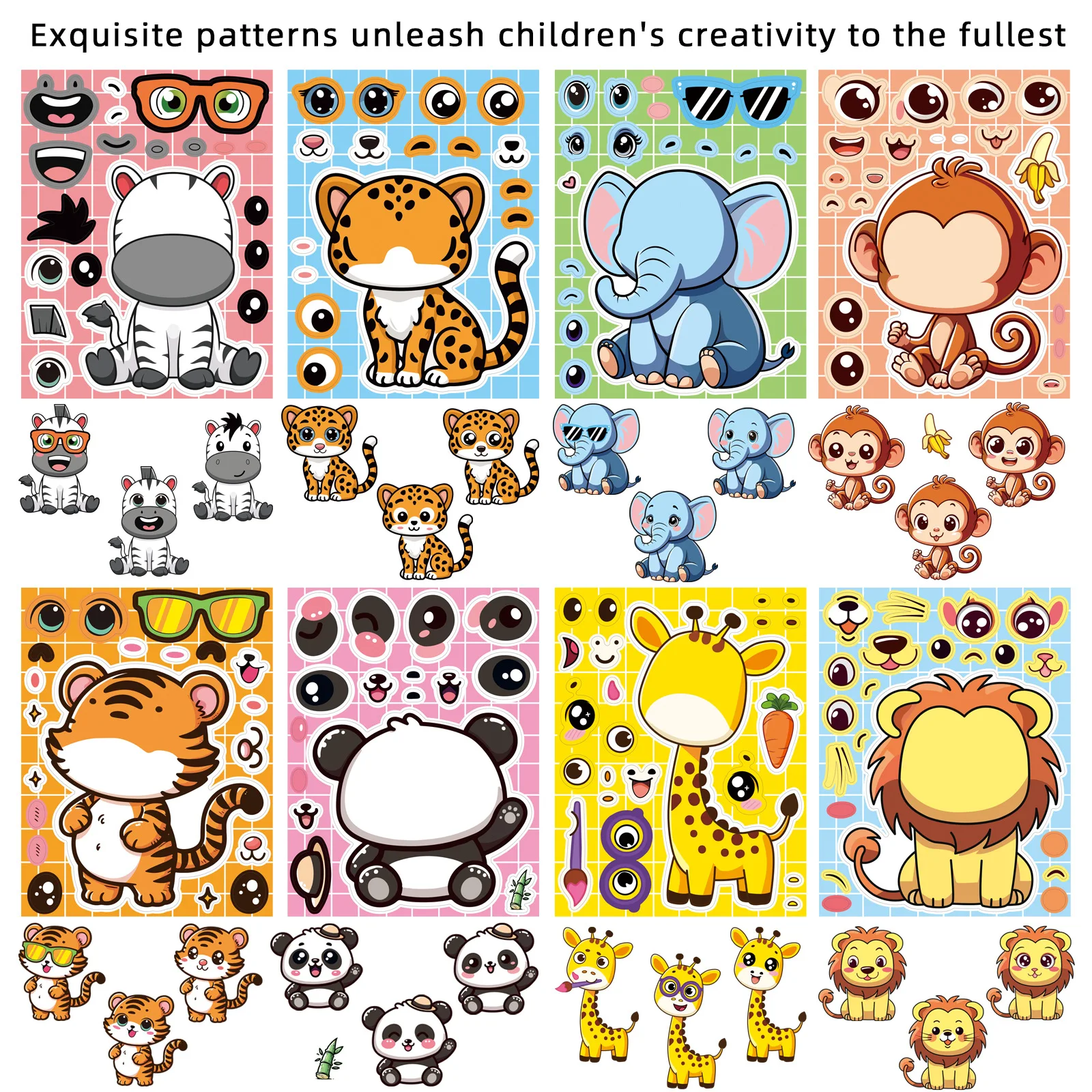 8 Sheets Cartoon Animal Puzzle Stickers Make a Face Cartoon Decals Stationery Notebook Phone Laptop Decoration Children Stickers