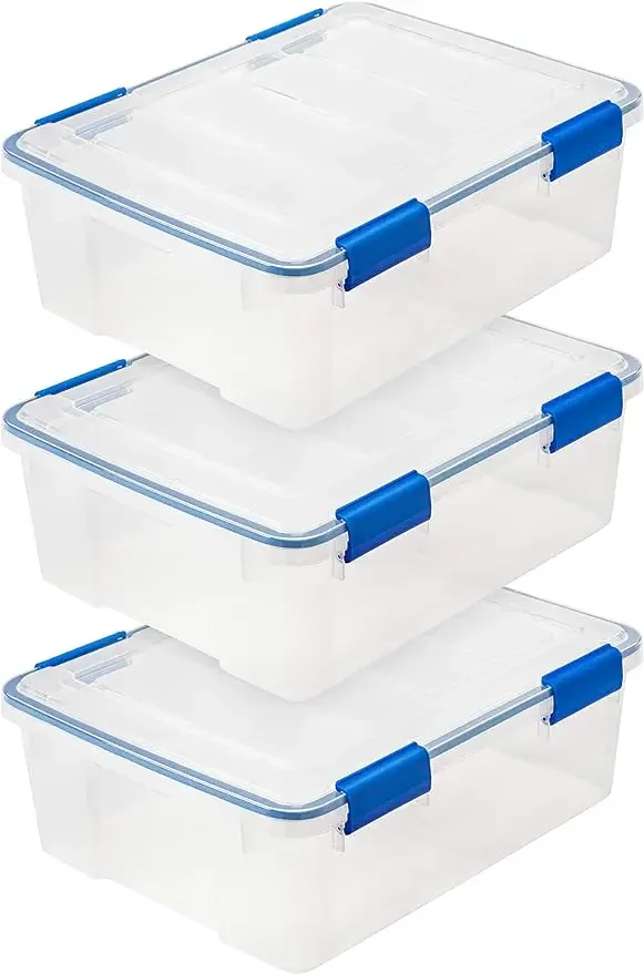 

USA 26.5 Quart WEATHERPRO Plastic Storage Box with Durable Lid and Seal and Secure Latching Buckles, 3 Pack,Clear/Blue