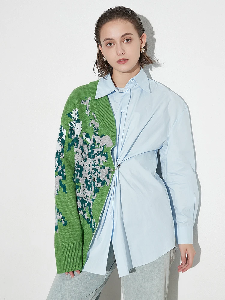 Twotwinstyle المرأة المرقعة عارضة فضفاض قميص طويل...