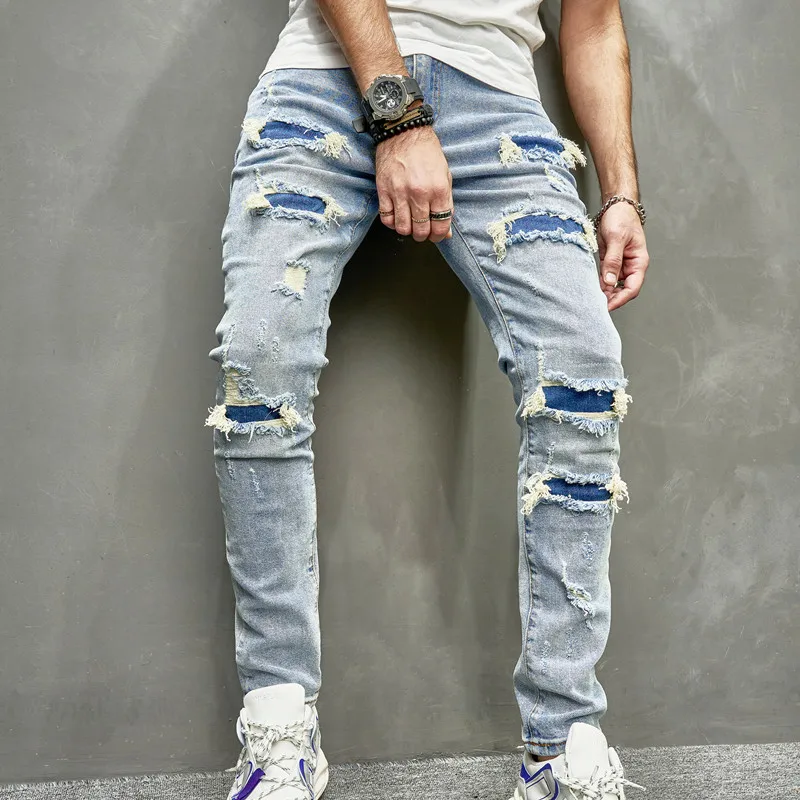 Street Stylish Men Holes Patch Skinny Pencil Jeans Men Jeans Ripped Jeans Ripped Patchwork Jeans Pants Male Ripped Solid Slim Denim Trousers For Men's