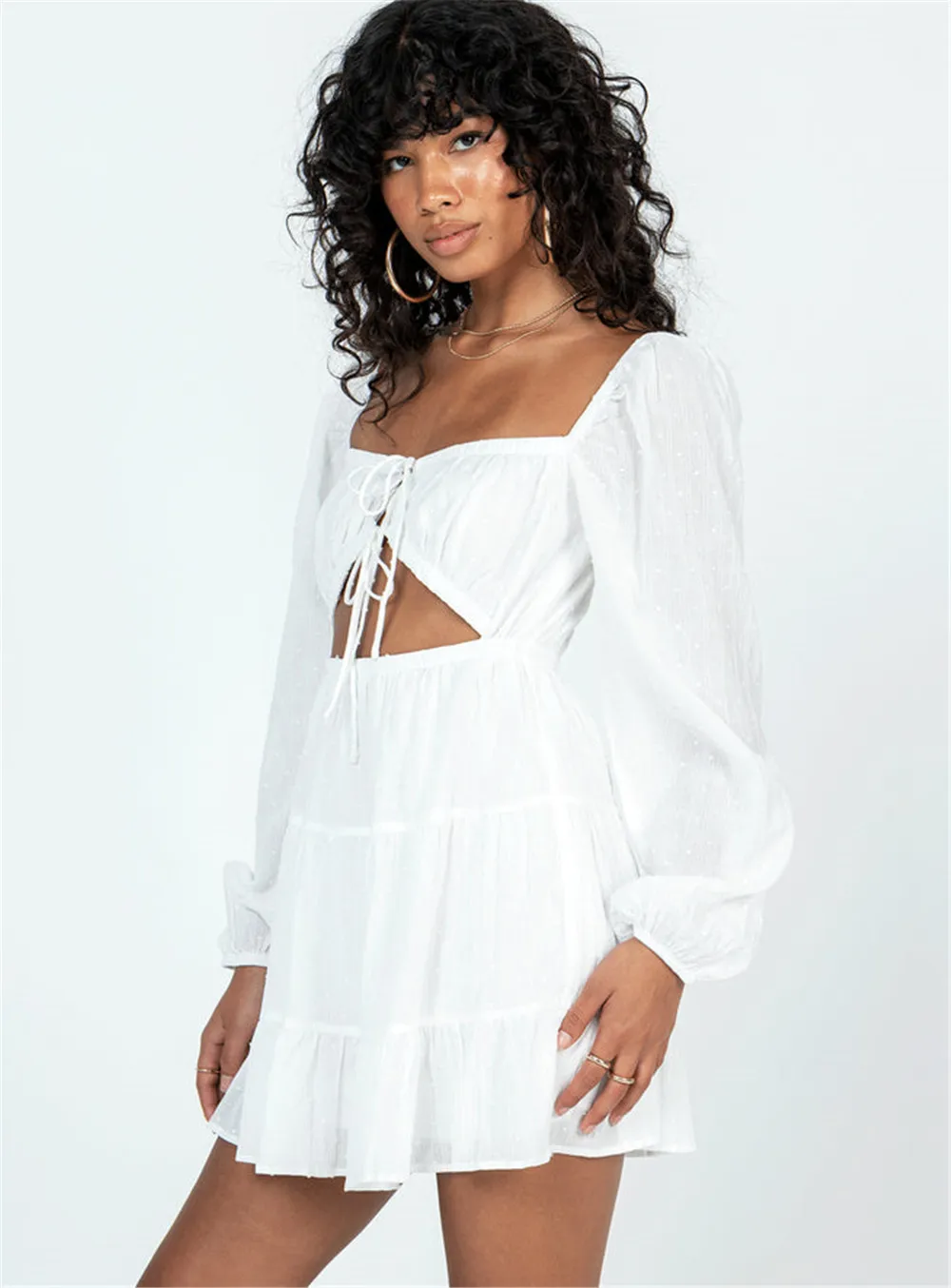 

Women Lace Up Dress Summer Simple White V-neck Long Sleeve Hollow Out Pleated Mini Holiday High Waist Ruffled Mini Dresses