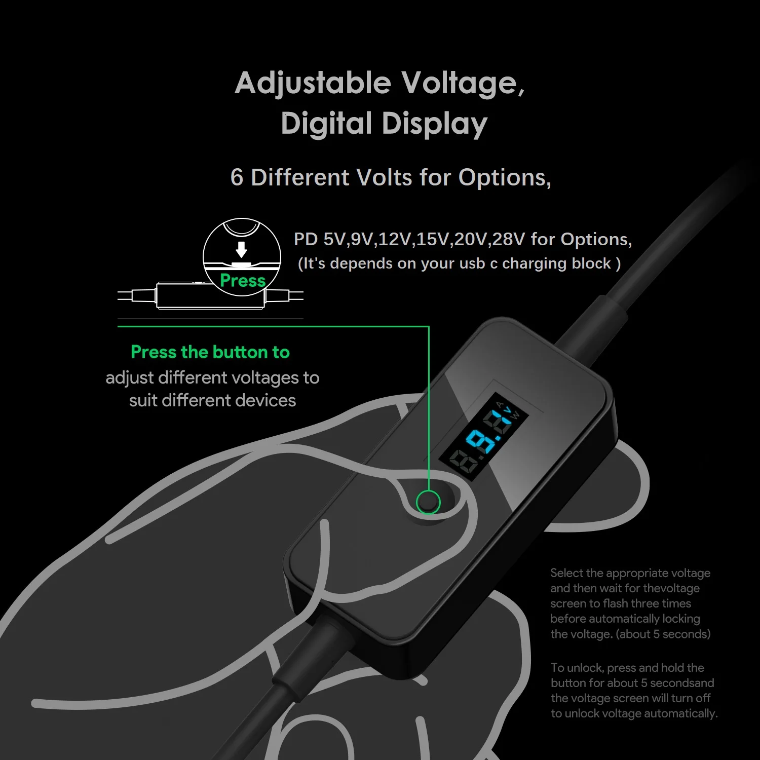 USB C to DC Adapter Cable Adjustable Output 5V 9V 12V 15V 20V 28V PD Fast Charge 15 Tips for Laptop power adapter laptop charger