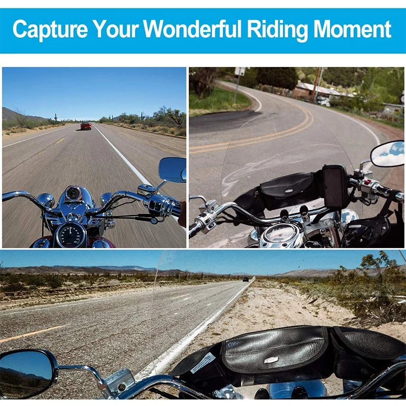 Three images depict POV shots from a motorcycle rider's perspective, with the handlebars visible: riding on a straight highway, navigating a curvy road, and cruising through a desert road. All scenes are captured using the Helmet Camera Holder.