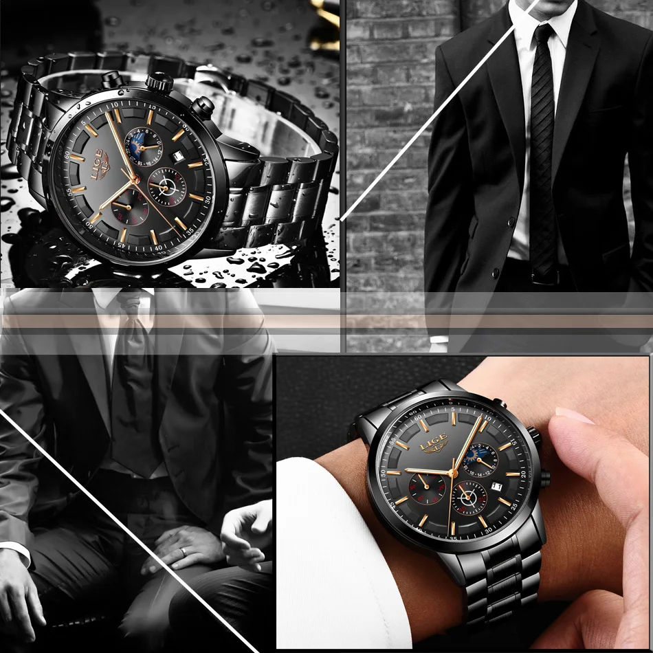 LIGE Men Watches Steel Wristwatch Sport Waterproof Chronograph Analog Quartz Watch Man Business Date Clock Luxury Watch for Men