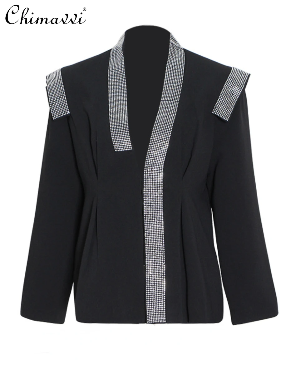 

Autumn New Fashion Stitching Heavy Hot Drilling Padded Shoulder Long-Sleeved Coat Commuter Loose Slim Graceful Suit Jacket Women