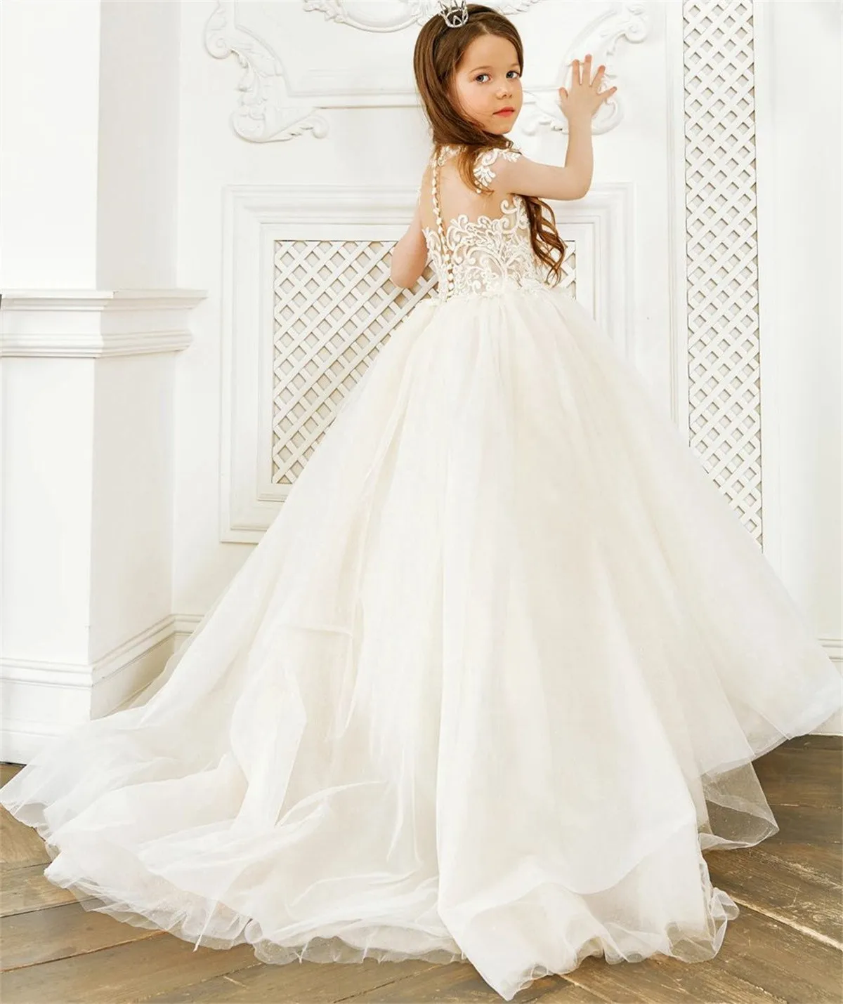 

Elegant Tulle Fluffy Applique Sleeveless Flower Girl Dress For Wedding Princess Communion Birthday Celebration Party Dresses