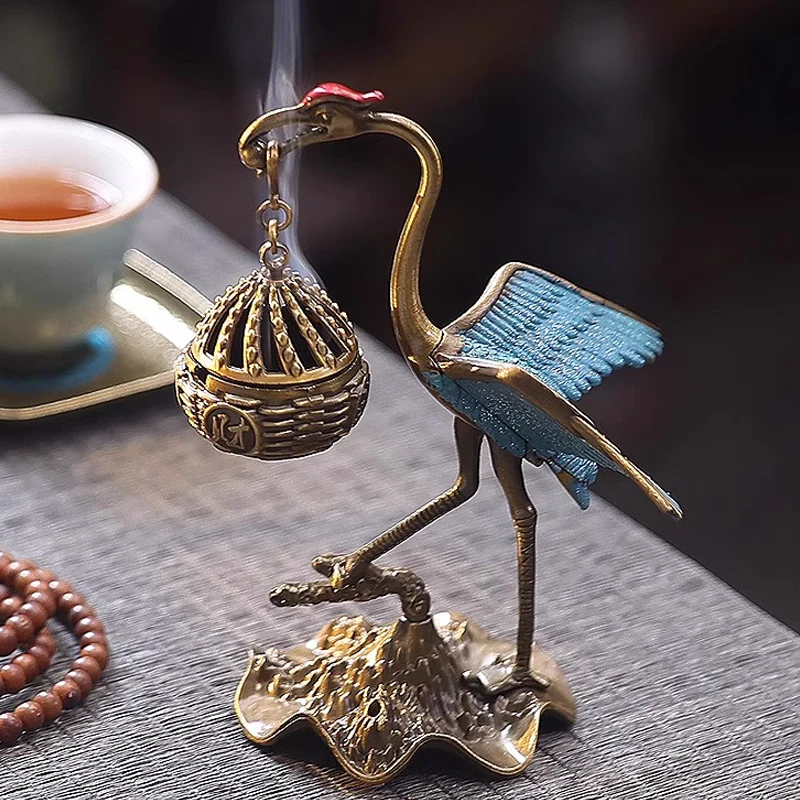 Creative Mini Aromatherapy Furnace, Home Indoor Zen Tea Ceremony Study Decorations, Metal Crane Shape Small Hanging Furnace, 1Pc