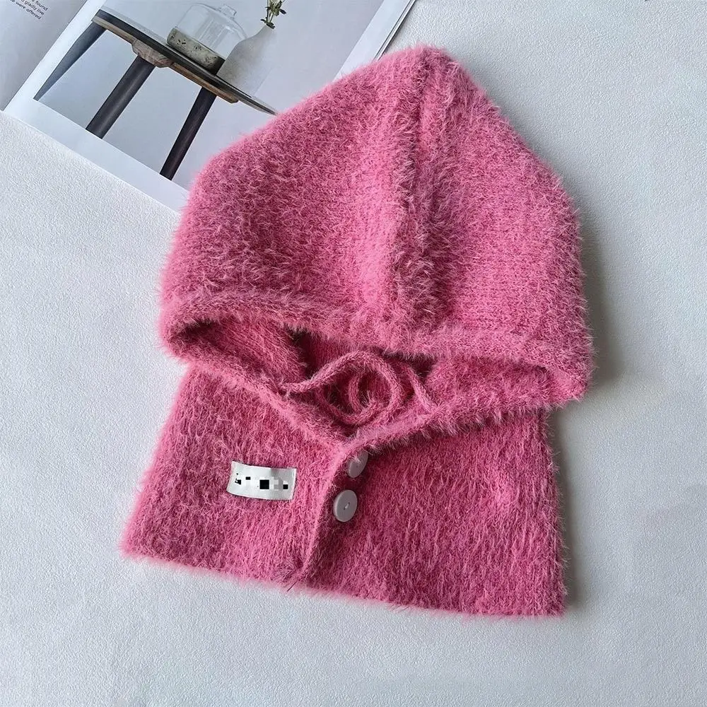 Korean Solid color Women Balaclava Hat and Scarf Integrated Windproof Cap Winter Warmer Knitted Pullover Hat Cold Weather