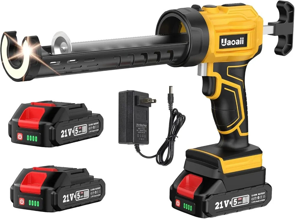 Cordless Caulking Gun W/ 2 Batteries, Uaoaii Electric Caulking Gun Battery Operated W/ 4 Adjustable Speeds, LED Light