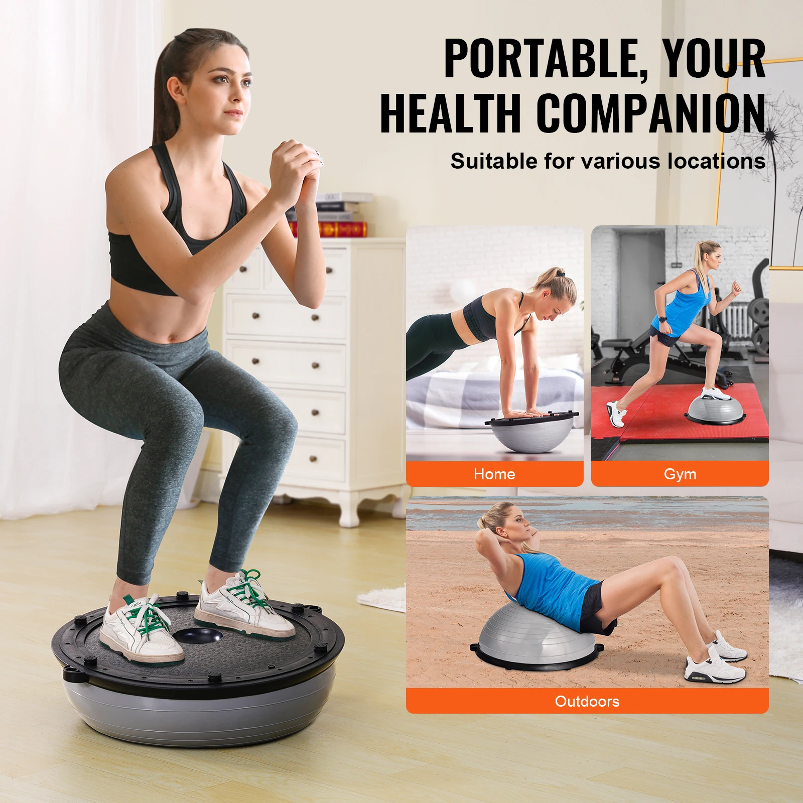 VEVOR 23/26 inch Half Exercise Ball Trainer Balance Ball Trainer 660lbs Capacity Stability Ball Yoga Ball with Resistance Bands 6