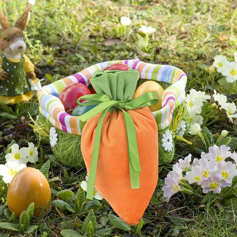 Bolsa de regalo de terciopelo de Pascua para niños, cesta con cordón de zanahoria, aperitivos, galletas, dulces, decoraciones para fiestas de boda y Pascua, 10 piezas