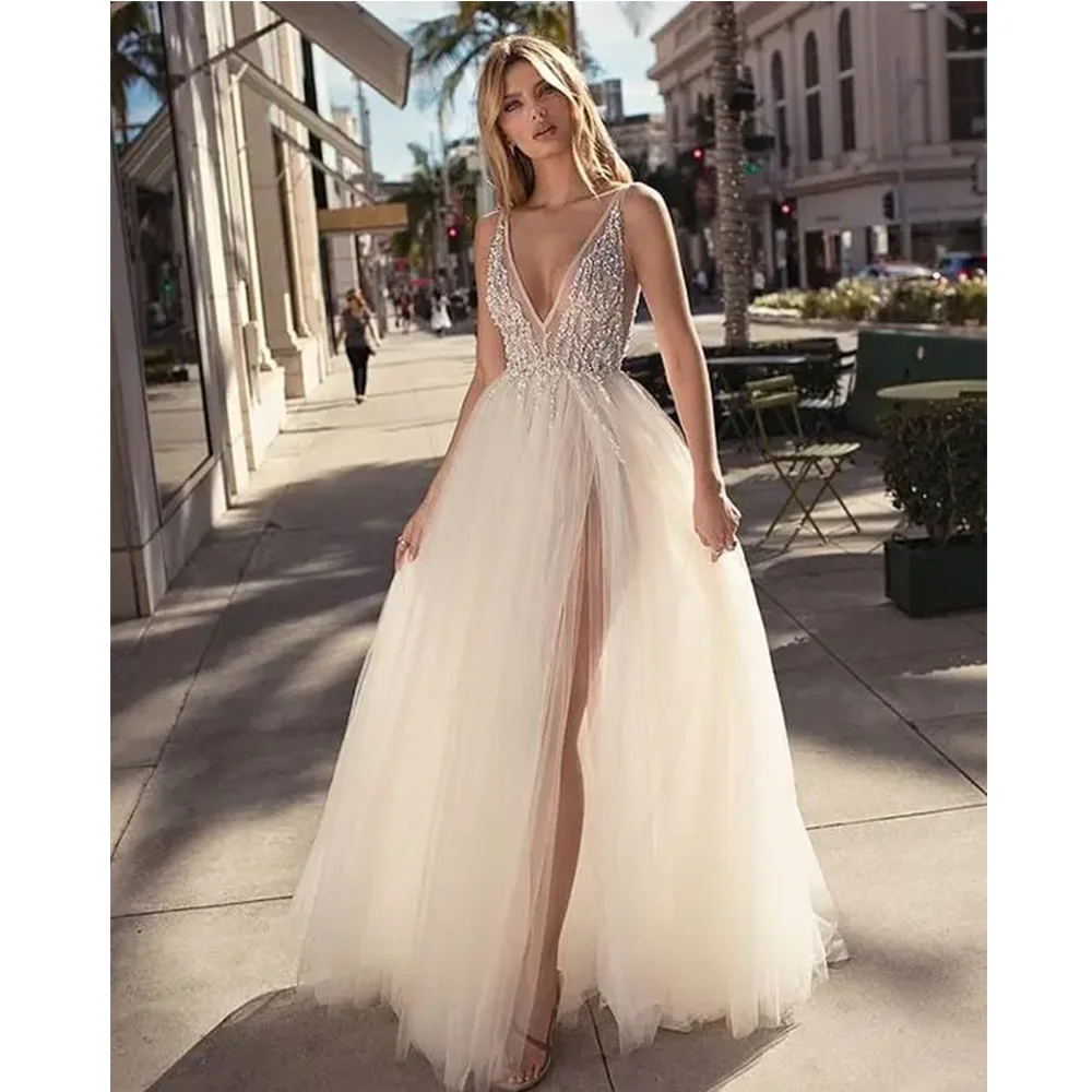 

Deep V-Neck Evening Dresses Long A-Line Sexy Side Split Tulle Wedding Gowns Sleeveless Formal Party Dresses vestidos de noche