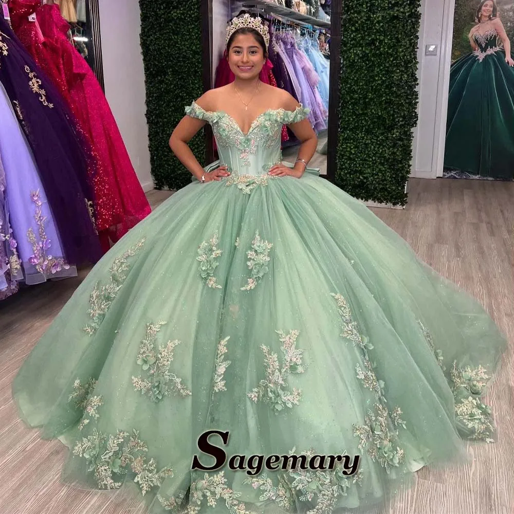 Sagemary Delicate Quinceanera Dresses Appliques Bowknot Off the Shoulder Ruched Vestidos De 15 Anos De Dos Piezas Customized