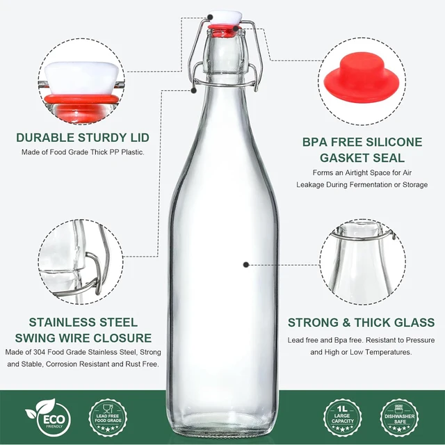 1L Swing Top Glass Bottles Airtight Stopper Lids Flip Top Brewing Bottle for Fermentation, Kombucha, Mead, Vinegar, Beer, Kefir 2