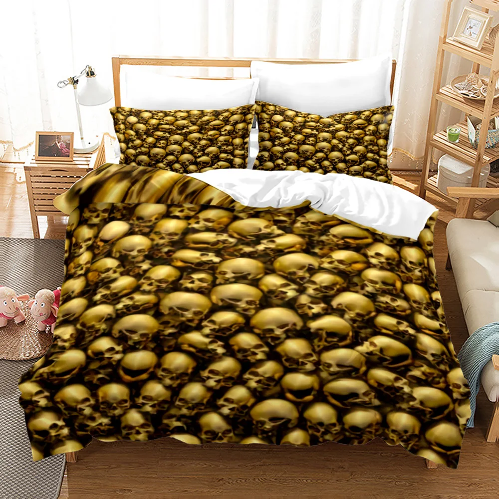 Skull Duvet Cover King/Queen Size,Halloween Scary Evil Death Theme Quilt Cover,Gothic Fog Smoke Skeleton Graveyard Bedding Set