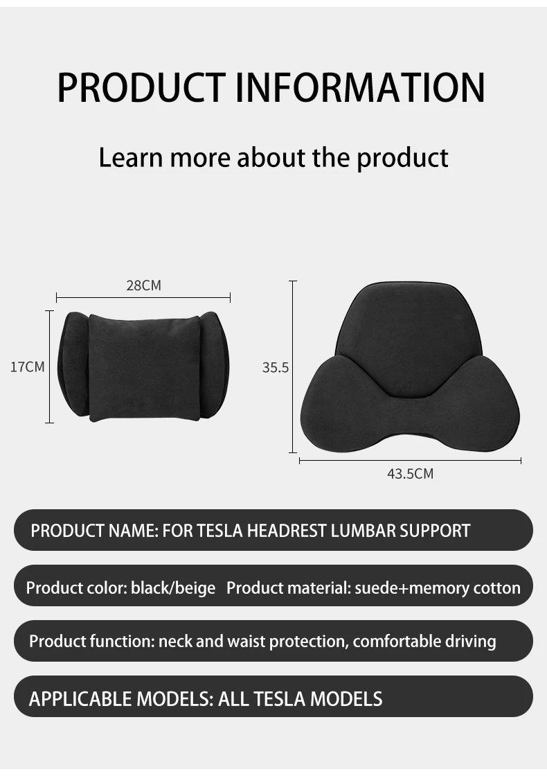 Car neck pillow For Tesla Model Y/Model 3 2018-2024 2025 Suede headrest lumbar s
