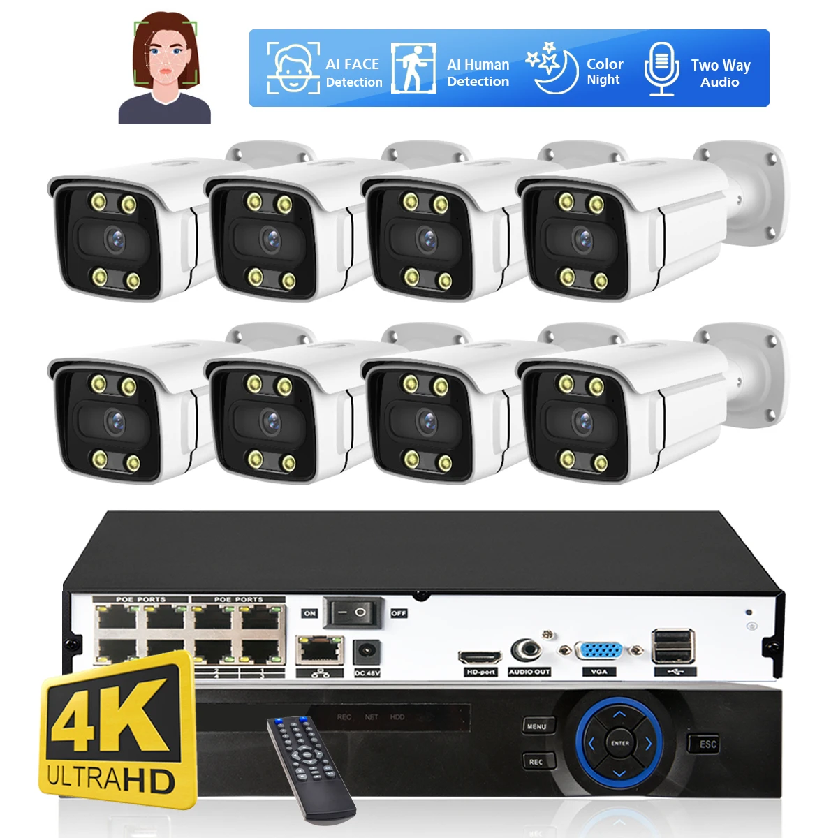 8CH 4K PoE Security Camera System – 8MP Night Vision, 2TB HDD, 4 Cameras – Hornbill